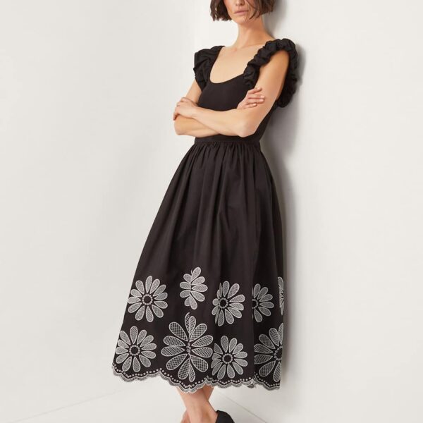 Monsoon Women's Cotton Rich Embroidered Midi Waisted Dress - Black Mix, Black Mix