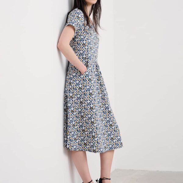 Seasalt Cornwall Women's Pure Cotton Printed Scoop Neck Skater Dress - 16LNG - Blue Mix, Blue Mix,Teal Mix