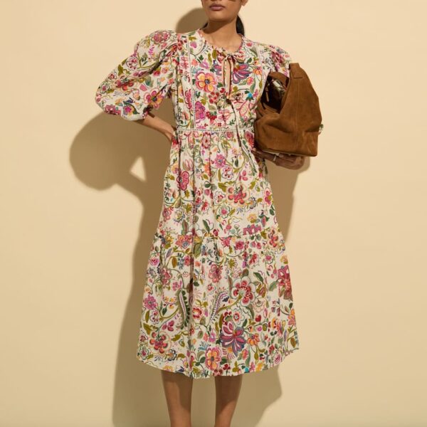 Baukjen Women's Pure Cotton Floral Midi Tiered Dress - 16 - Pink Mix, Pink Mix