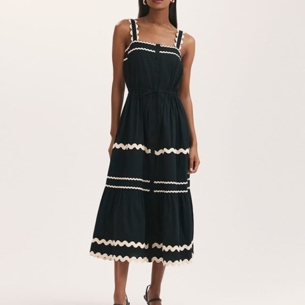 Finery London Women's Pure Cotton Square Neck Midi Tiered Dress - 10 - Black, Black
