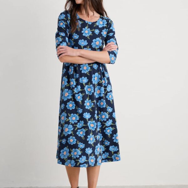 Seasalt Cornwall Women's Cotton Rich Floral Midi Waisted Dress - 14REG - Blue Mix, Blue Mix