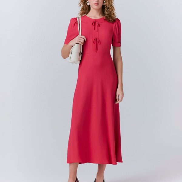 Ghost Women's Crepe Bow Detail Puff Sleeve Midi Tea Dress - XS - Pink, Pink