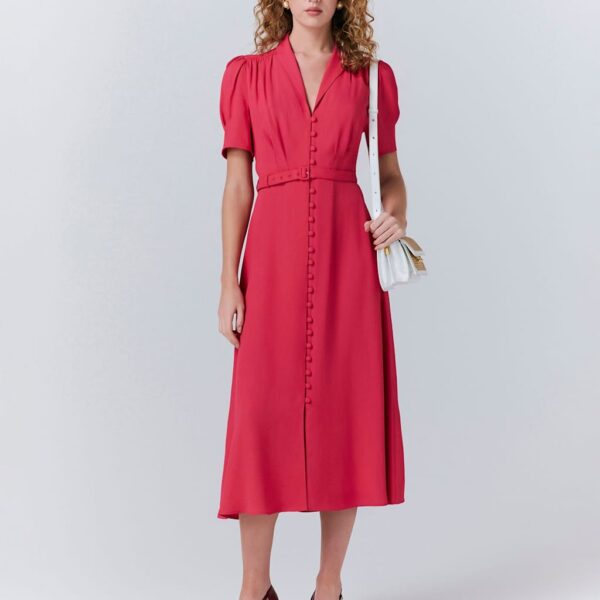 Ghost Women's V-Neck Belted Button Through Midi Tea Dress - XL - Pink, Pink,Light Pink