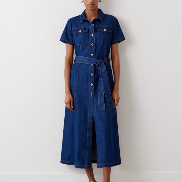 Finery London Women's Cotton Rich Denim Midi Shirt Dress - 12 - Black, Black,Blue Denim