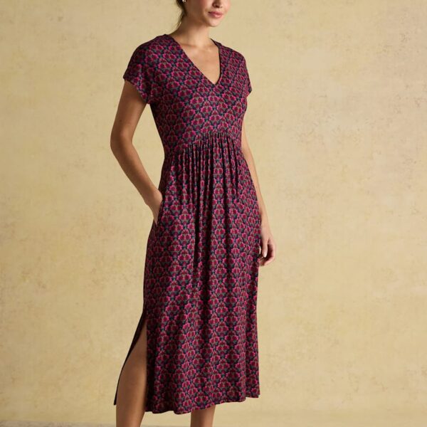 Joules Women's Jersey Floral V-Neck Midi Waisted Dress - Pink Mix, Pink Mix