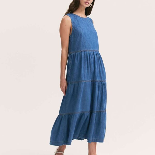 Finery London Women's Pure Cotton Denim Midi Tiered Dress - 16 - Mid Blue, Blue,Mid Blue