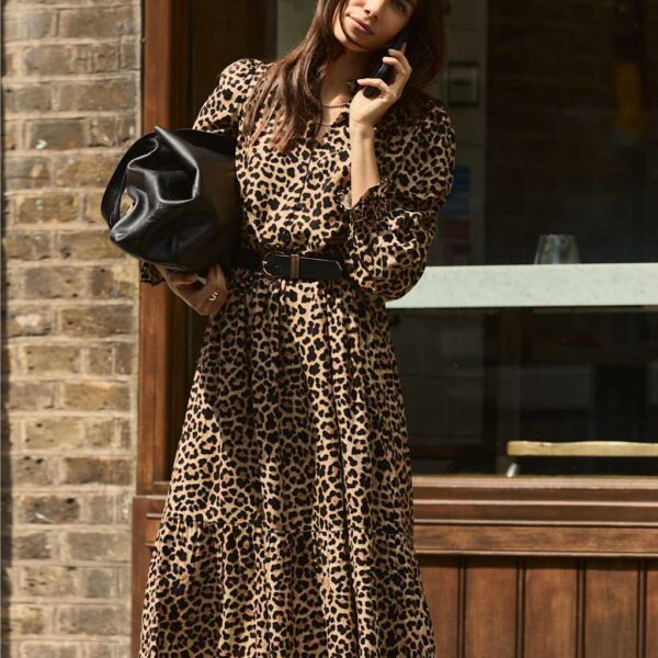 Baukjen Women's Animal Print High Neck Midi Tiered Dress - 16 - Brown Mix, Brown Mix