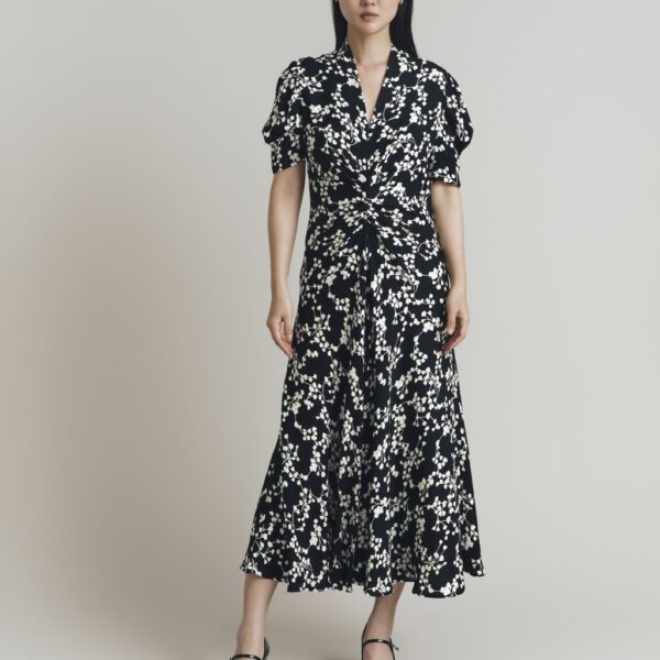 Ghost Women's Crepe Floral V-Neck Midi Tea Dress - Black Mix, Green Mix,Black Mix
