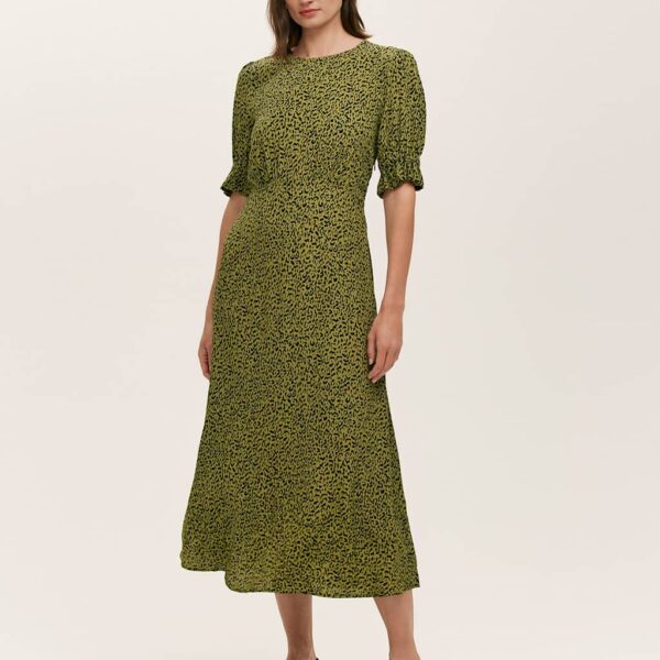 Finery London Women's Crepe Printed Puff Sleeve Midi Tea Dress - 12REG - Green Mix, Green Mix,Black Mix
