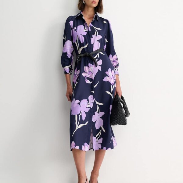 Sportscraft Women's Pure Lyocell Floral Belted Midi Shirt Dress - 8 - Navy Mix, Navy Mix