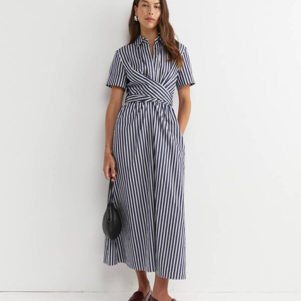 Sportscraft Women's Pure Cotton Striped Twist Maxi Shirt Dress - 10 - Navy Mix, Navy Mix
