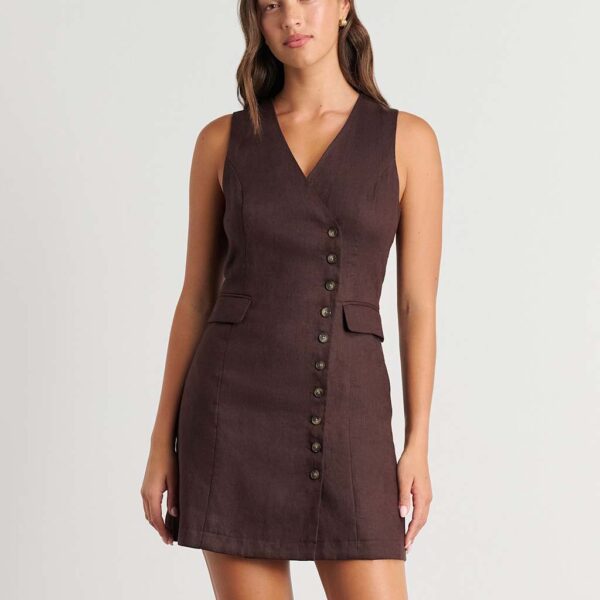 Jag Women's Pure Linen Button Front Mini Shift Dress - 8 - Chocolate, Chocolate