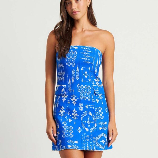 Jag Women's Pure Linen Printed Bandeau Mini Shift Dress - 12 - Blue Mix, Blue Mix
