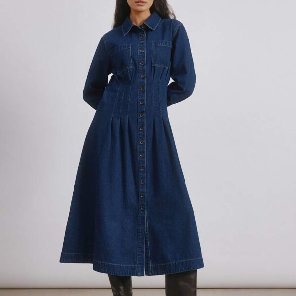 Albaray Women's Pure Cotton Denim Midi Fitted Shirt Dress - 8 - Dark Blue Denim, Dark Blue Denim