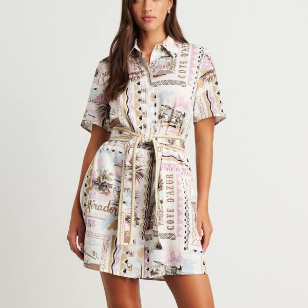 Jag Women's Linen Rich Printed Mini Shirt Dress - 10 - Pink Mix, Pink Mix