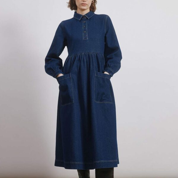 Albaray Women's Pure Cotton Denim Collared Midi Shirt Dress - 10 - Dark Blue Denim, Dark Blue Denim