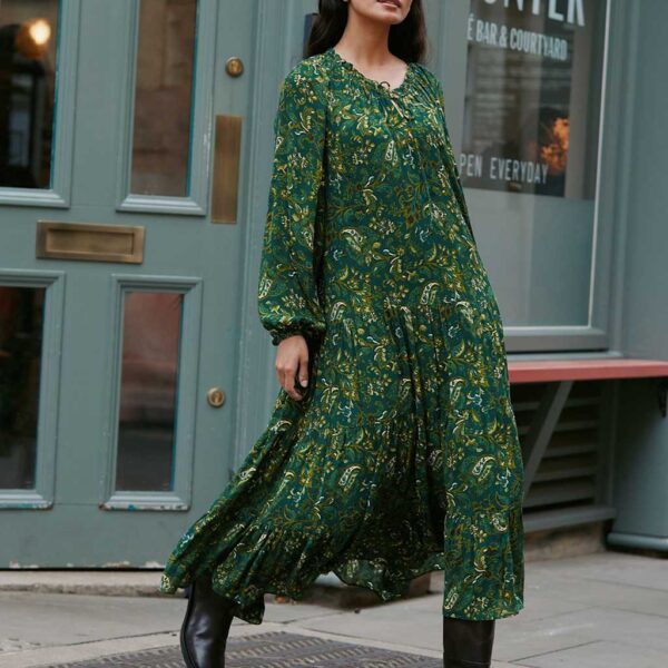 Albaray Women's Paisley Tie Neck Midi Relaxed Tiered Dress - 10 - Green Mix, Green Mix