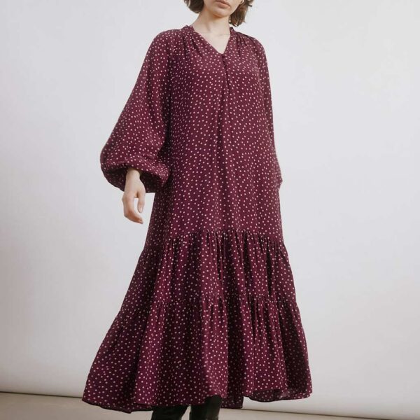 Albaray Women's Polka Dot V-Neck Midi Tiered Dress - 12 - Burgundy Mix, Burgundy Mix