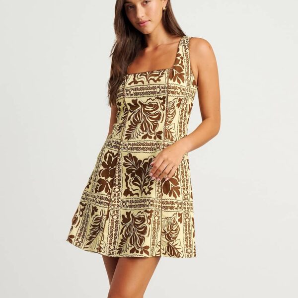 Jag Women's Pure Linen Printed Square Neck Mini Dress - 8 - Brown Mix, Brown Mix