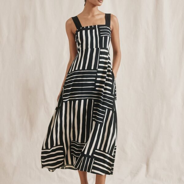 Albaray Women's Linen Blend Striped Midaxi Waisted Dress - 8 - Black Mix, Black Mix