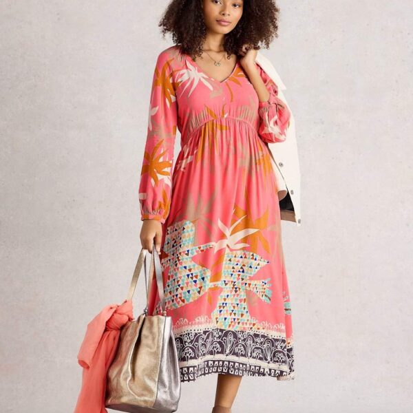 White Stuff Women's Printed Midi Waisted Dress - 14 - Pink Mix, Pink Mix