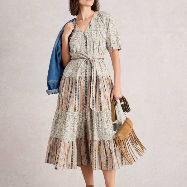 White Stuff Women's Pure Cotton Printed Midi Tiered Dress - 12 - Ivory Mix, Ivory Mix