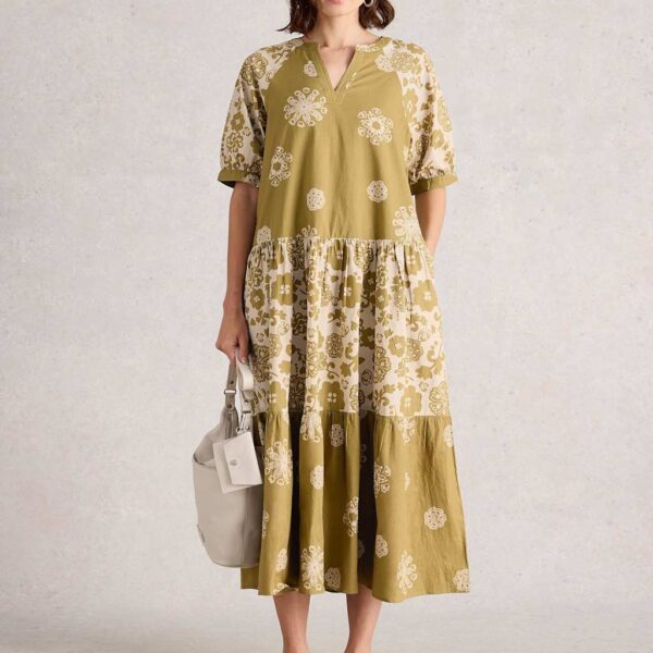 White Stuff Women's Pure Cotton Notch Neck Midi Tiered Dress - 12 - Green Mix, Green Mix