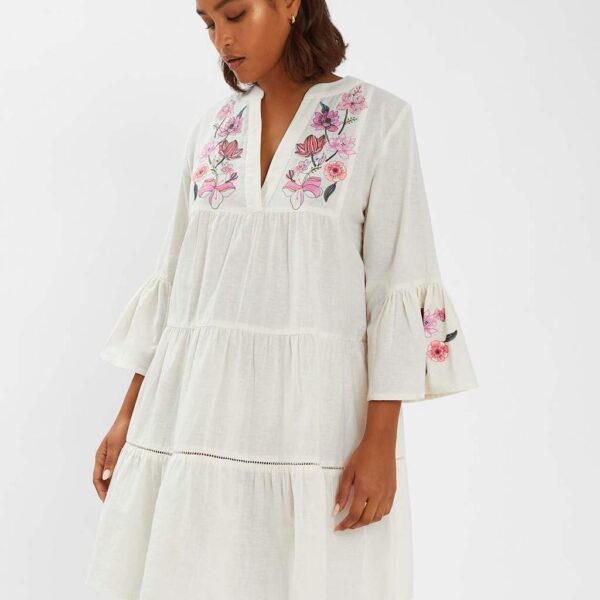 Accessorize Women's Cotton Rich V-Neck Mini Beach Dress with Linen - White, White