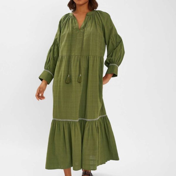 Accessorize Women's Pure Cotton V-Neck Maxi Tiered Beach Dress - Khaki, Khaki