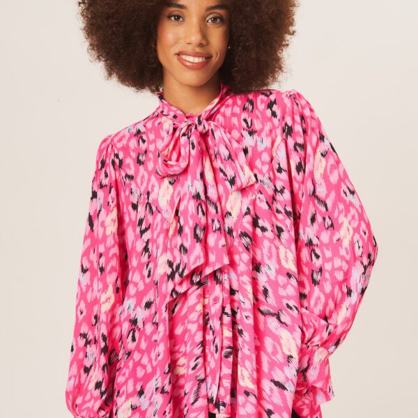Pink Animal Print Tie Neck Oversized Top