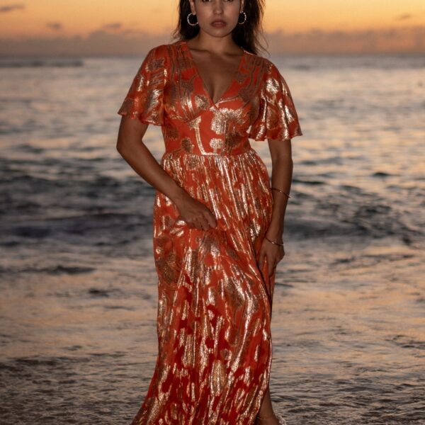 Orange Metallic Jacquard Flutter Sleeves Floral Maxi Dress