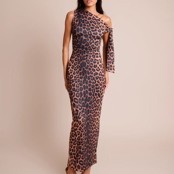 Knot Detail Asymmetric One Shoulder Luxe Slinky Maxi Dress Leopard