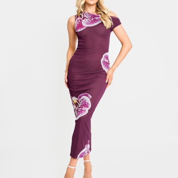 Asymmetric One Shoulder Floral Maxi Dress Burgundy