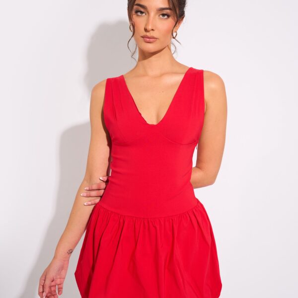 Plunge Bubble Hem Mini Dress Red