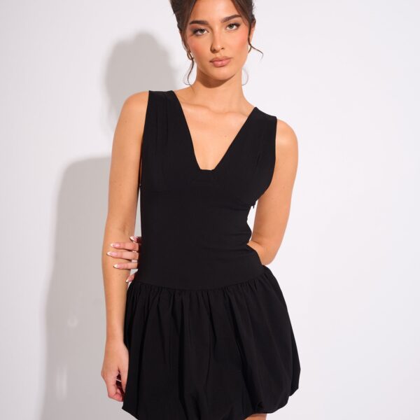 Plunge Bubble Hem Mini Dress Black