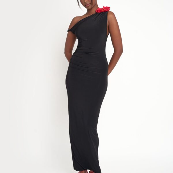 Flower Trim Dropped Shoulder Luxe Slinky Maxi Dress Black