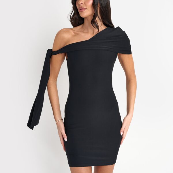 Slinky Over Shoulder Tie Detail Mini Dress Black