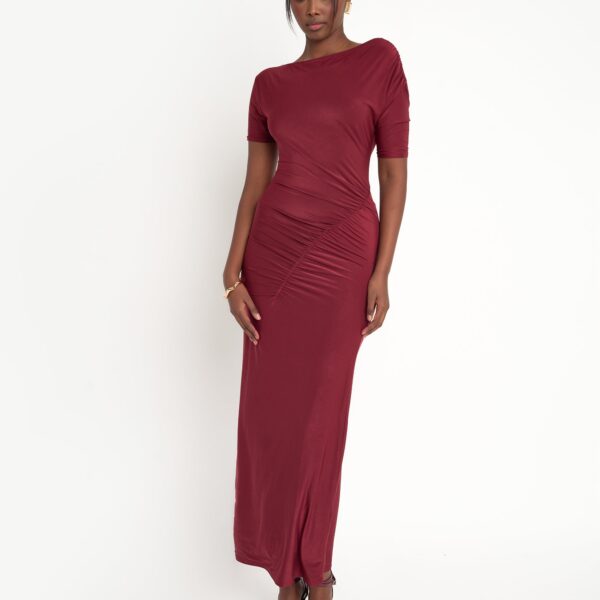 Slinky Ruched Detail Maxi Dress Burgundy
