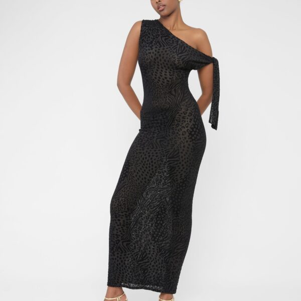 Knot Detail Asymmetric One Shoulder Maxi Dress Devore Leopard Black