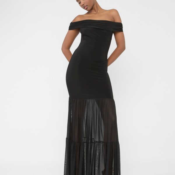 Slinky Bardot Fold Over Mesh Hem Maxi Dress Black