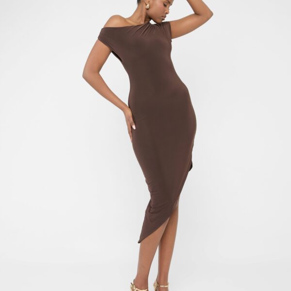 Asymmetric Off The Shoulder Drape Slinky Maxi Dress Chocolate