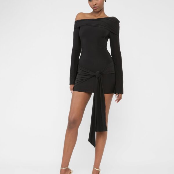 Knot Drape Detail Slinky Long Sleeve Mini Dress Black