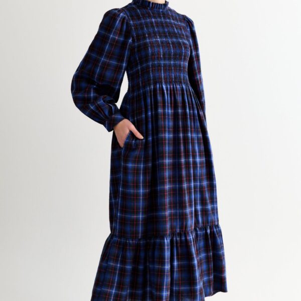 Peppi Winter Check Smocked Bodice Midi Dress - Blue