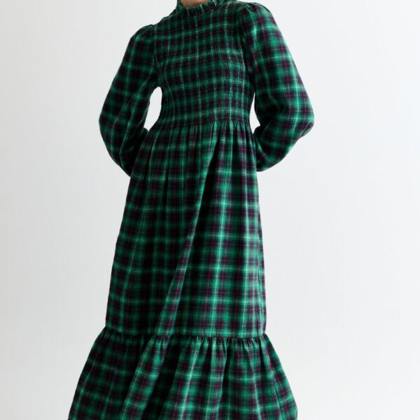 Peppi Winter Check Smocked Bodice Midi Dress - Green