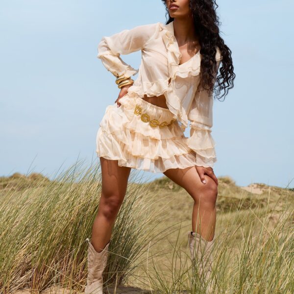 Sheer Ruffle Tiered Mini Skirt Stone