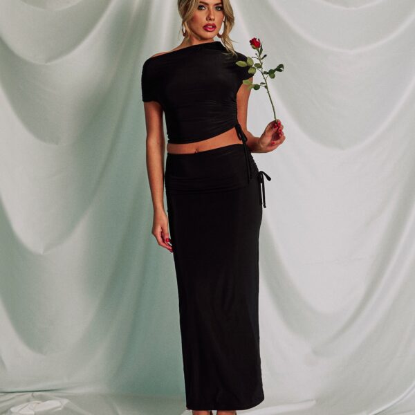Slinky Foldover Ruched Maxi Skirt Black