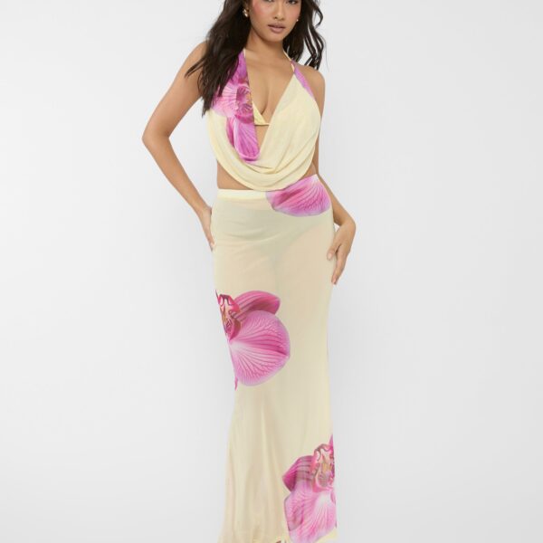 Printed Floral Mesh Maxi Skirt Co-ord Yellow