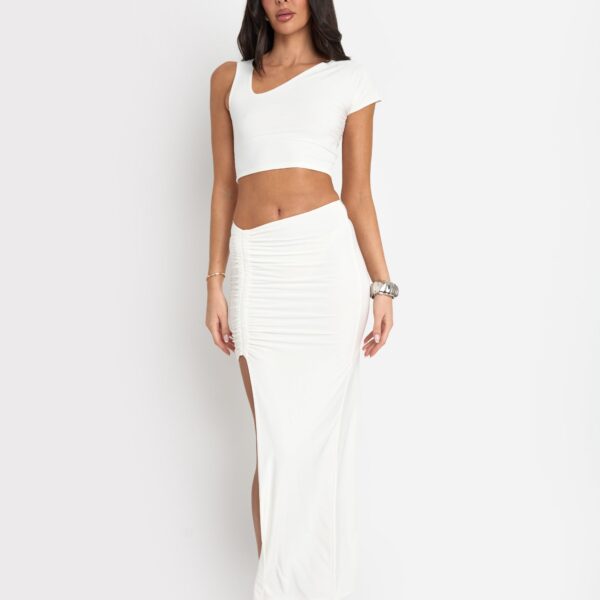 Slinky Asymmetric Ruched Maxi Skirt Co Ord White