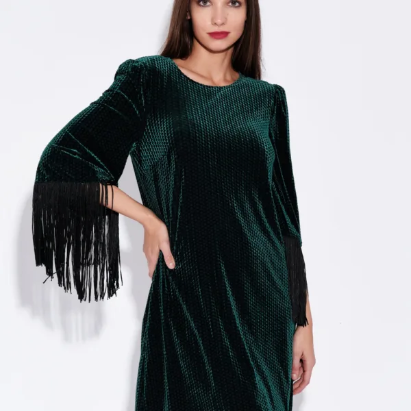 Rosamee Fringe Trim Sleeve Mini Dress in Green