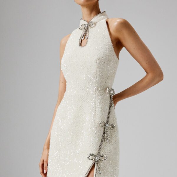 Lavish Alice SOLENE Sequin Boucle High Collar Mini Dress with Bow Embellishment in Beige XXL UK18